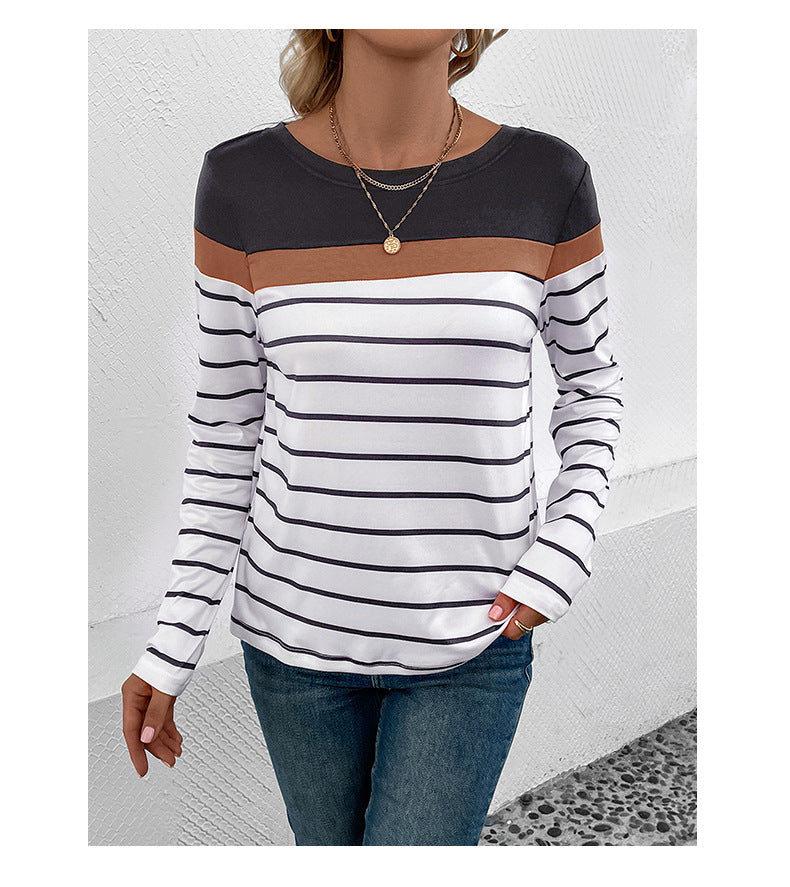 Grey Horizontal Striped Round Neck Top