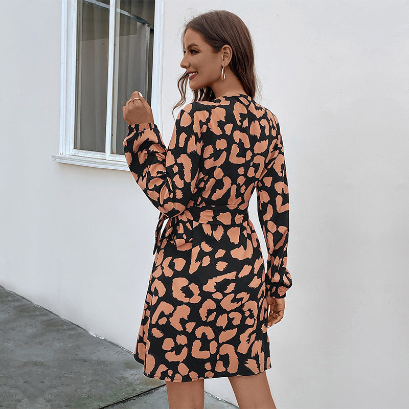Brown Abstract Print -Neck Puff Sleeve Tie-Ups Wrap Mini Dress