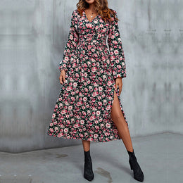 Black & Pink Floral Printed Cut-Outs A-Line Midi Dress