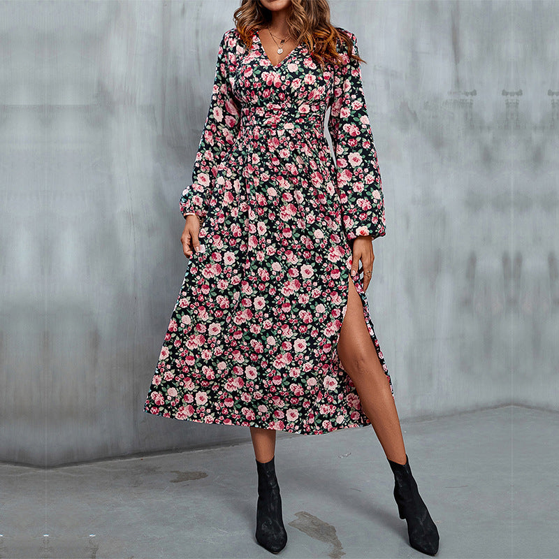 Black & Pink Floral Printed Cut-Outs A-Line Midi Dress
