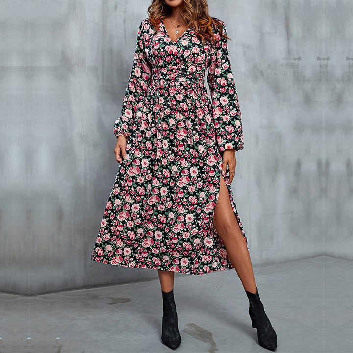 Black & Pink Floral Printed Cut-Outs A-Line Midi Dress