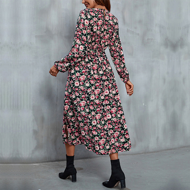Black & Pink Floral Printed Cut-Outs A-Line Midi Dress