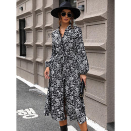 Black Floral Print Shirt Dress with Long Sleeves