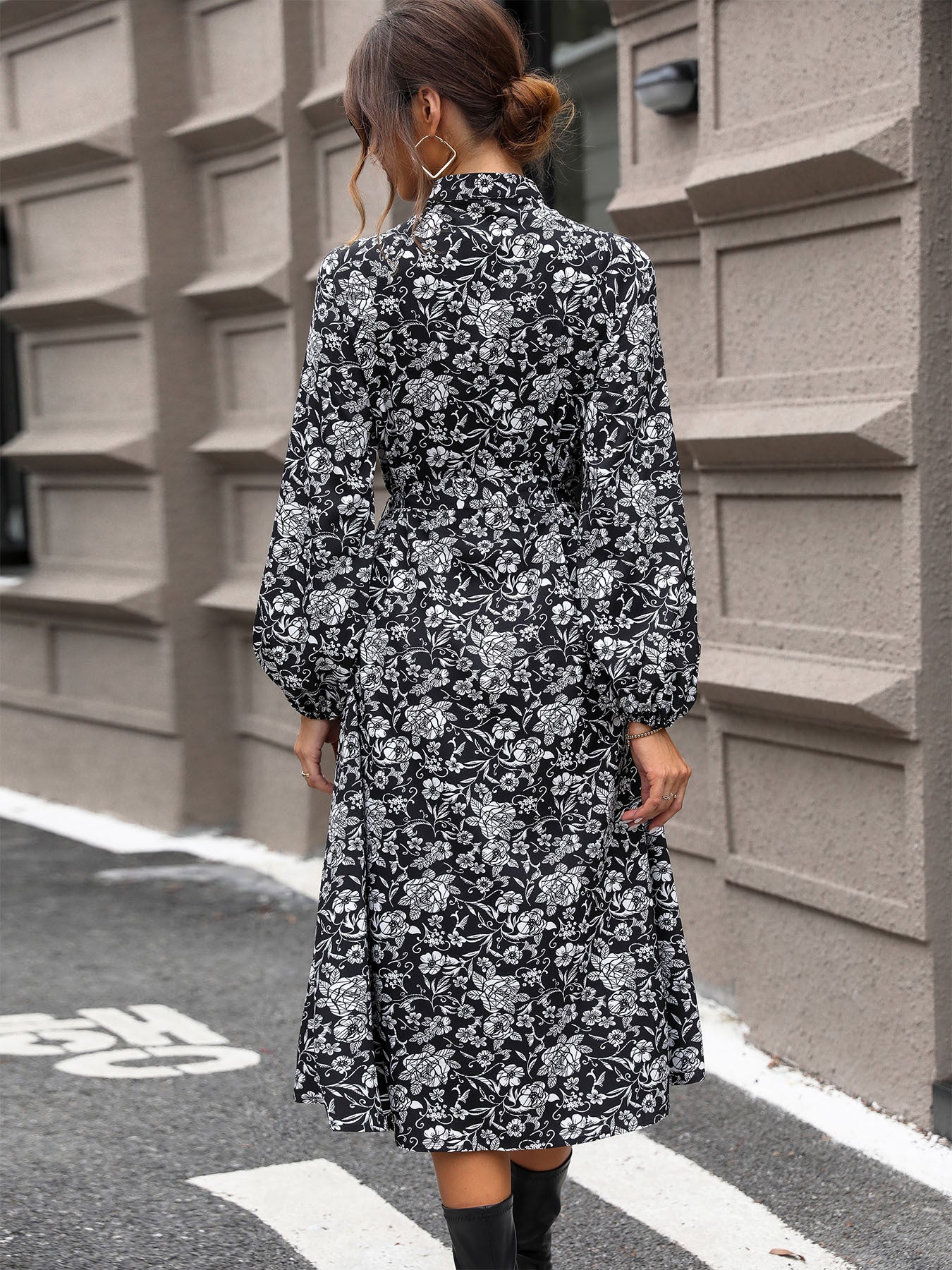 Black Floral Print Shirt Dress with Long Sleeves