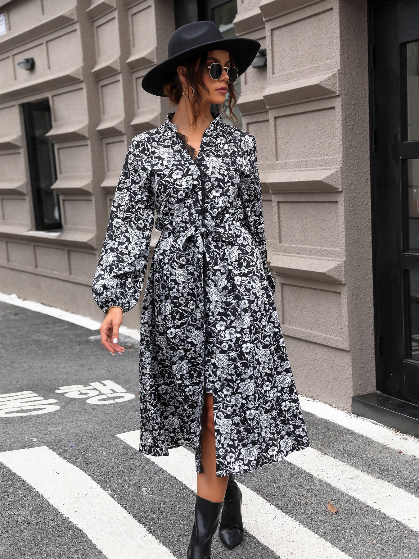 Black Floral Print Shirt Dress with Long Sleeves