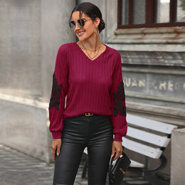 Maroon Vertical Striped V-Neck Raglan Sleeves Lace Inserts Linen Top