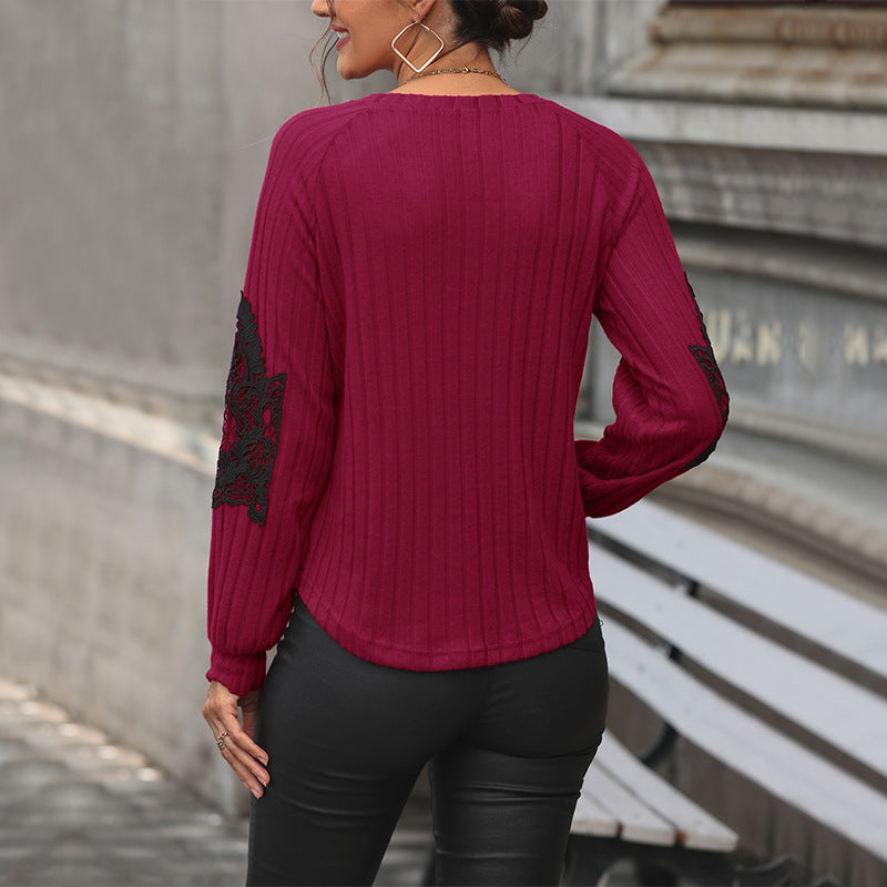 Maroon Vertical Striped V-Neck Raglan Sleeves Lace Inserts Linen Top