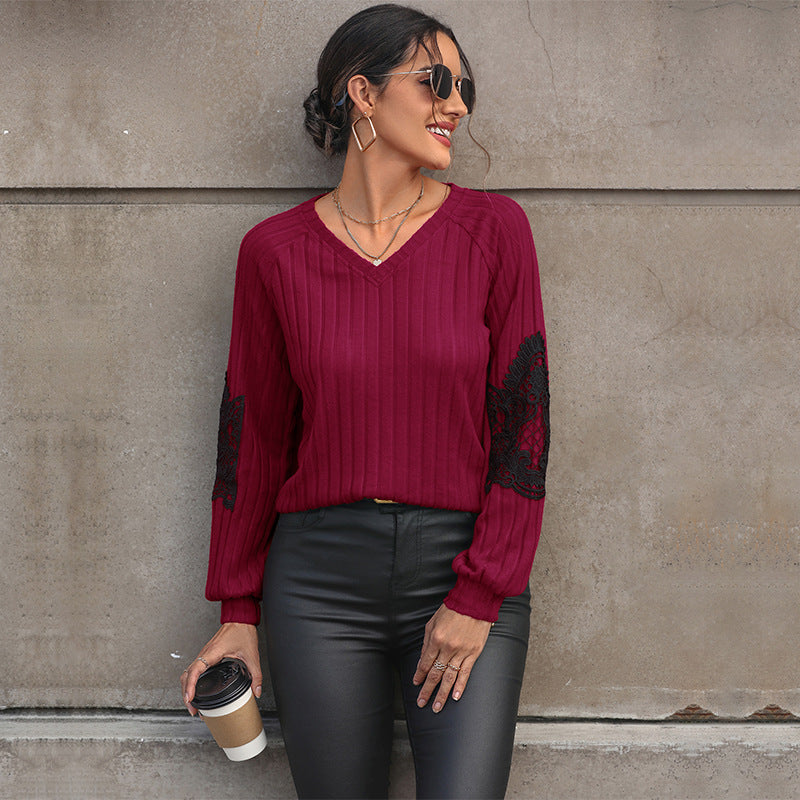 Maroon Vertical Striped V-Neck Raglan Sleeves Lace Inserts Linen Top