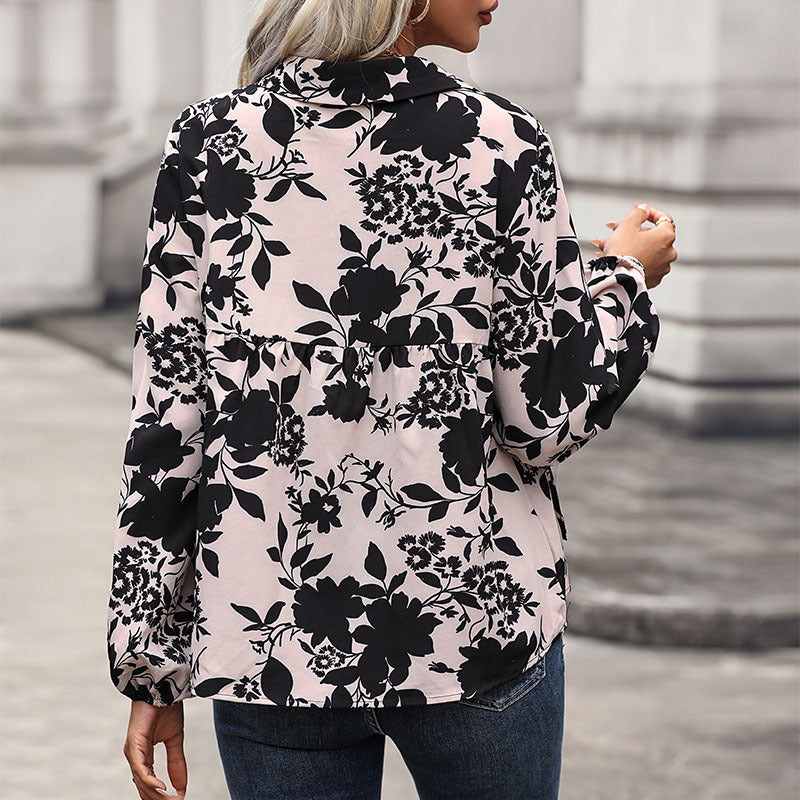 Beige Floral Printed Puff Sleeves Georgette Top