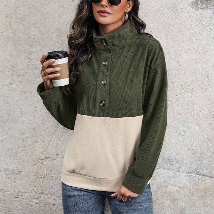 Green & Beige Colourblocked Mock Collar Jacquard Sweatshirt