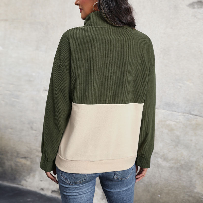Green & Beige Colourblocked Mock Collar Jacquard Sweatshirt