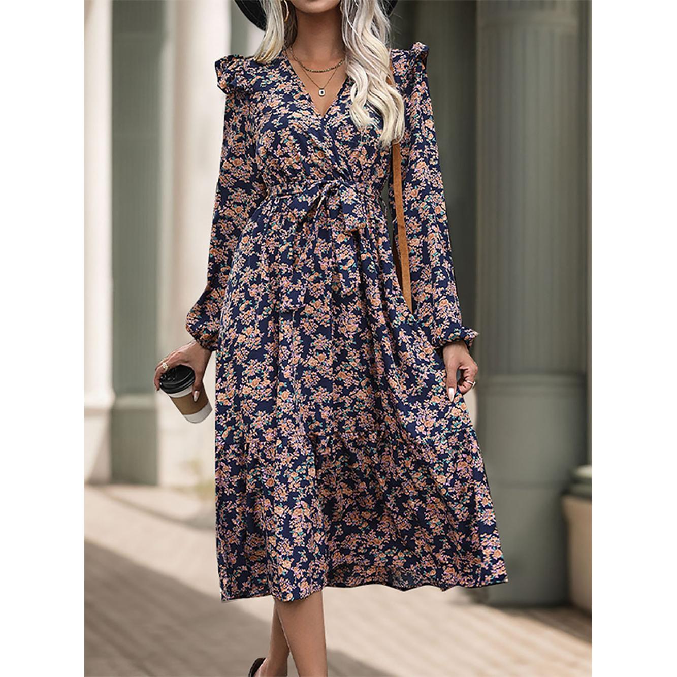 Women Floral Print Puff Sleeve A-Line Midi Dress