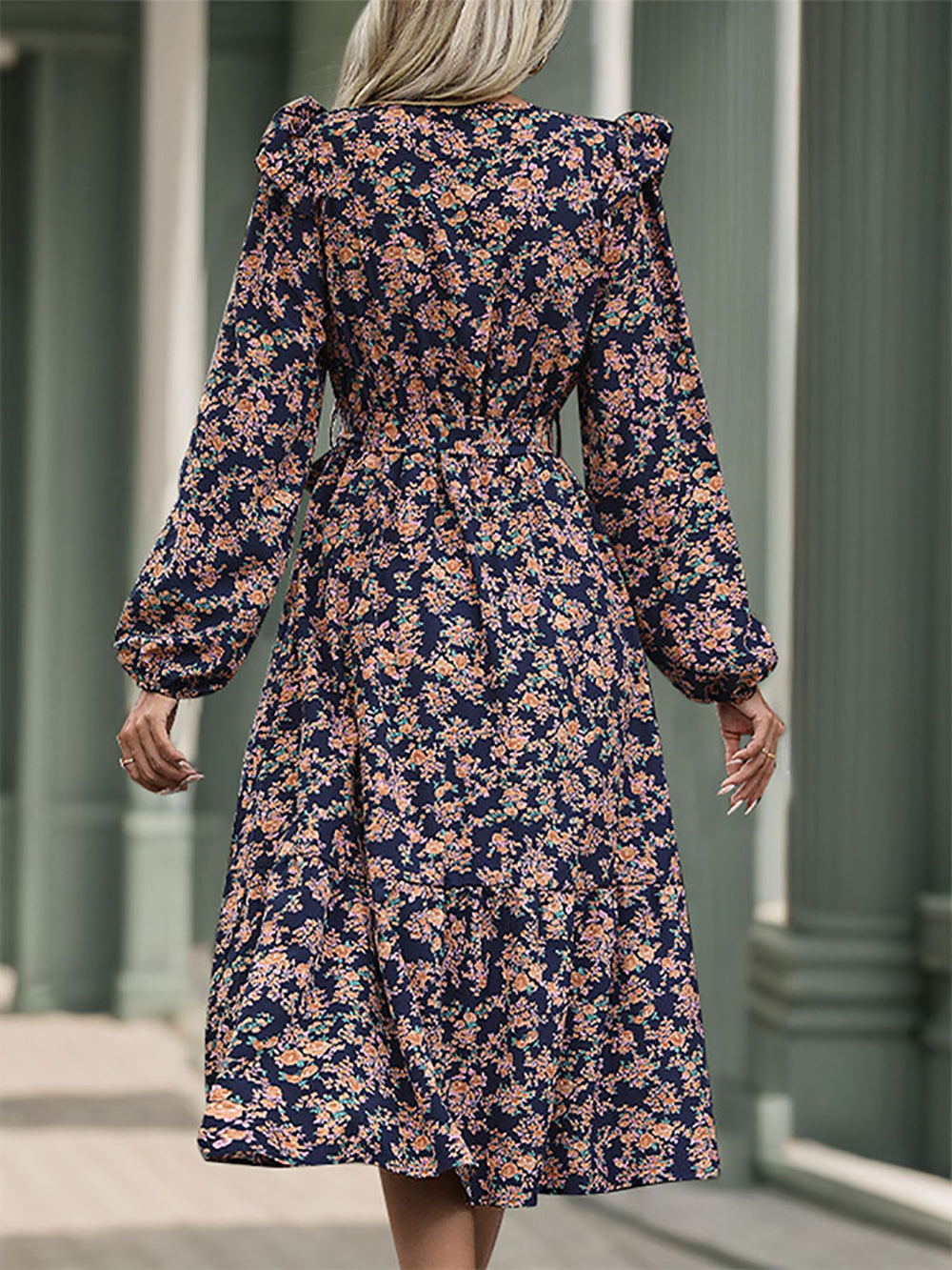 Women Floral Print Puff Sleeve A-Line Midi Dress