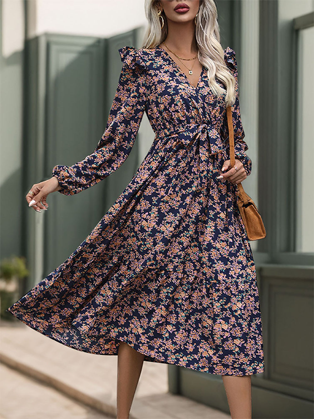 Women Floral Print Puff Sleeve A-Line Midi Dress