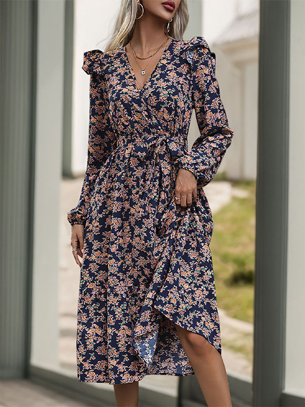Women Floral Print Puff Sleeve A-Line Midi Dress