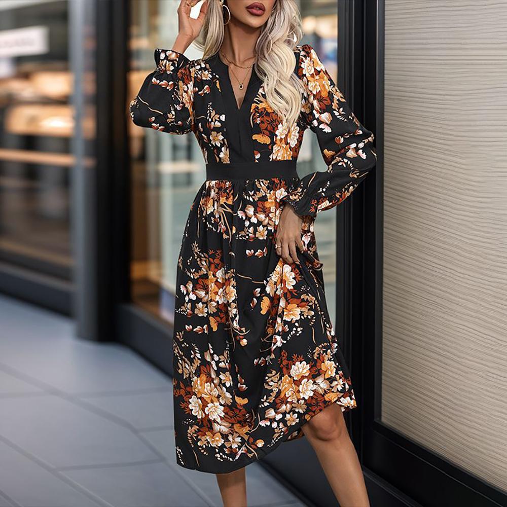 Women Floral Print Puff Sleeve A-Line Midi Dress