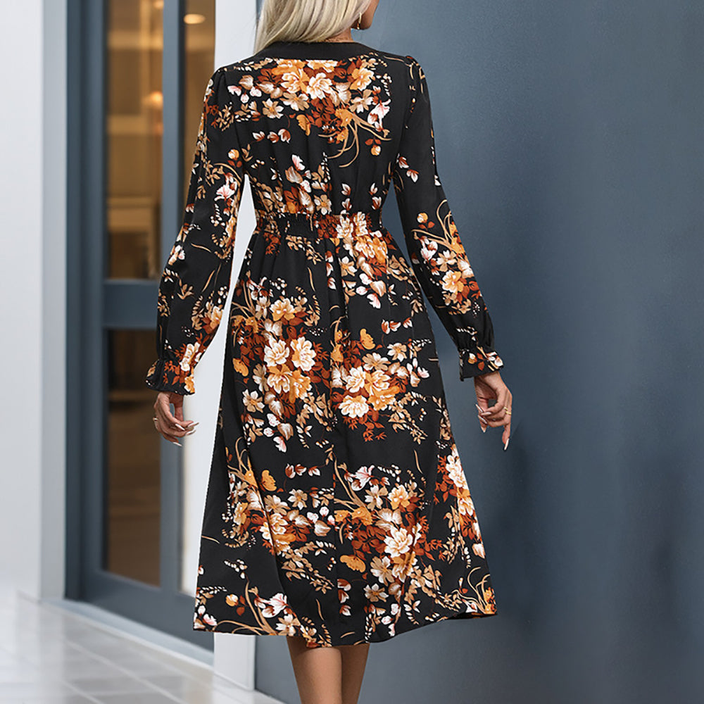 Women Floral Print Puff Sleeve A-Line Midi Dress