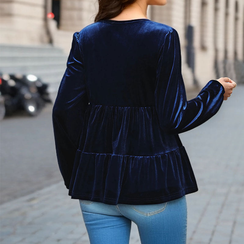 Navy Blue Puff Sleeve Gathered Velvet Regular Top