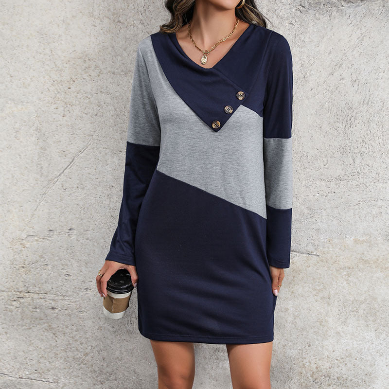 Navy Blue V-Neck Colourblocked T-shirt Dress