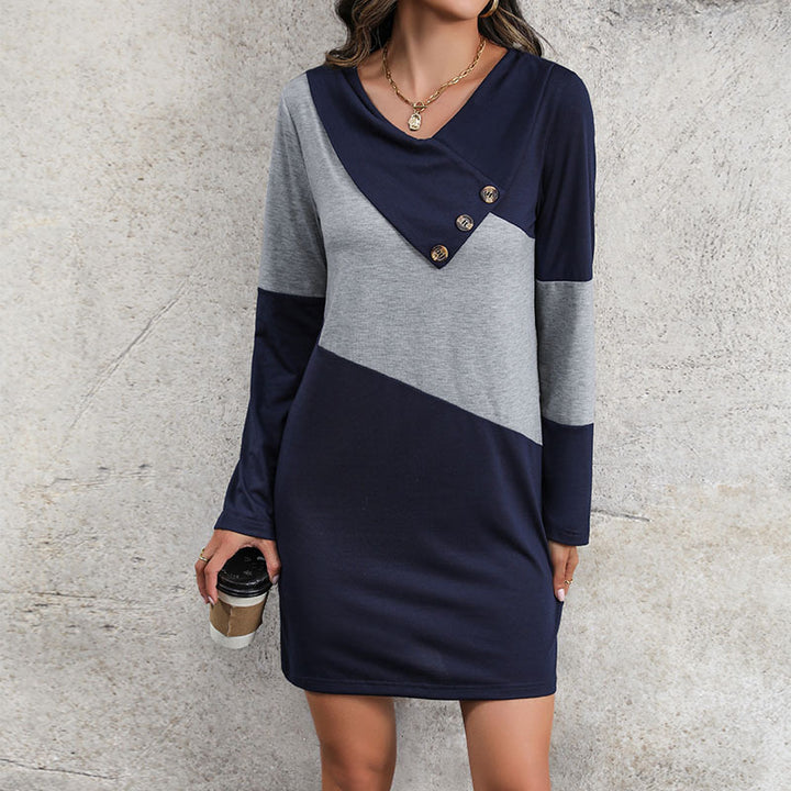 Navy Blue V-Neck Colourblocked T-shirt Dress