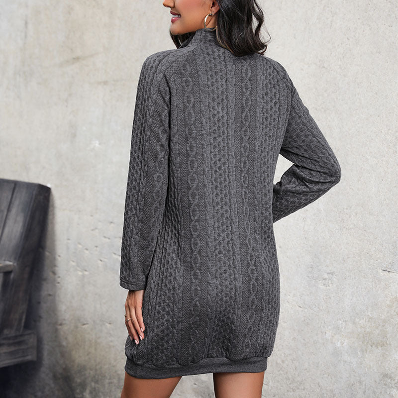 Grey Self Design High Neck Sweater Dress