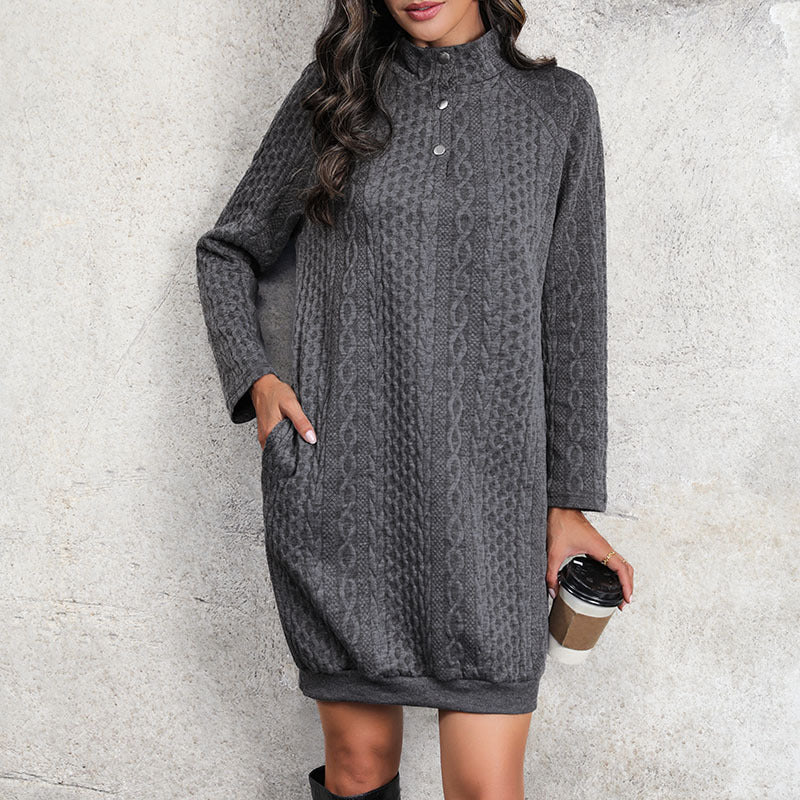 Grey Self Design High Neck Sweater Dress
