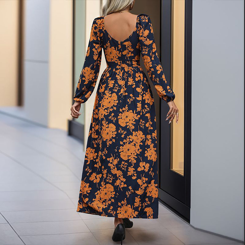 Floral Printed Bishop Sleeve A-Line Midi Dress
