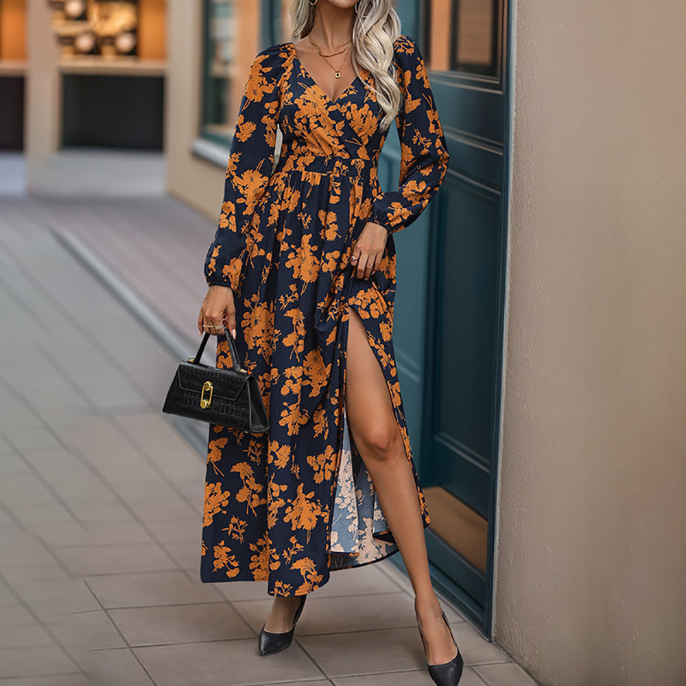 Floral Printed Bishop Sleeve A-Line Midi Dress