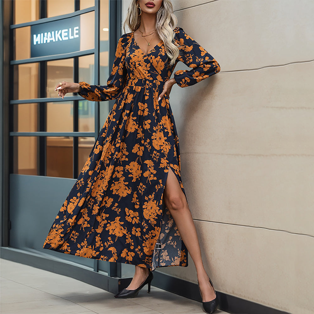 Floral Printed Bishop Sleeve A-Line Midi Dress