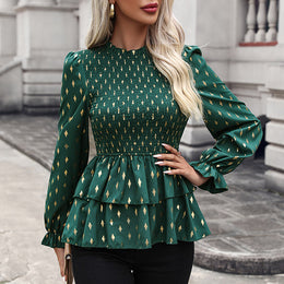 Green Geometric Printed Puff Sleeves Smocked Fit & Flare Top