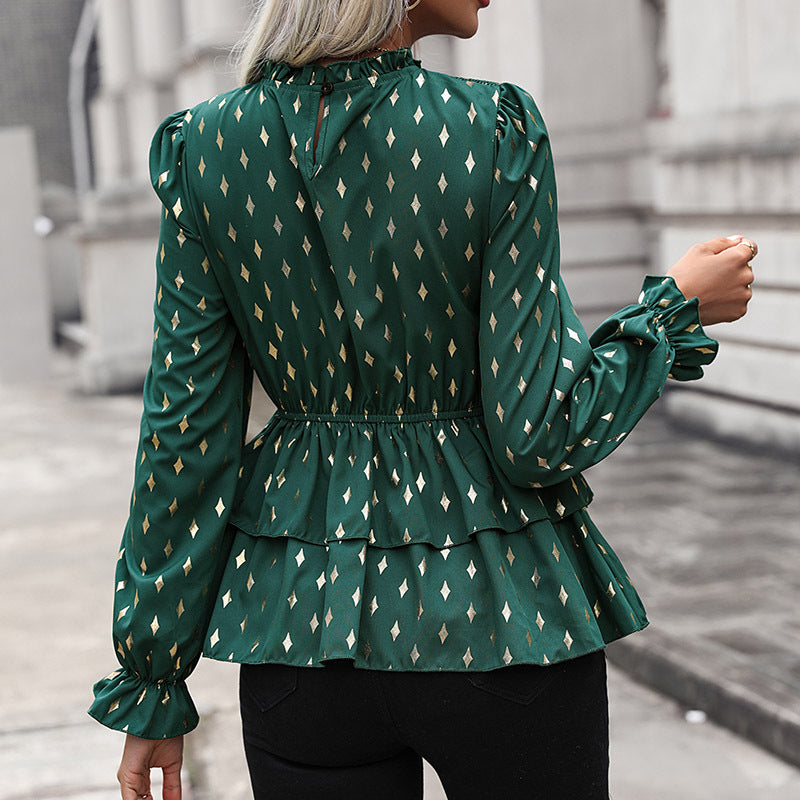 Green Geometric Printed Puff Sleeves Smocked Fit & Flare Top