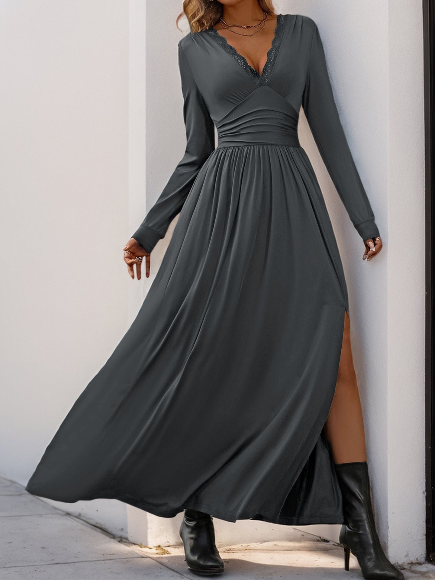 Women Solid V-Neck Maxi Dress