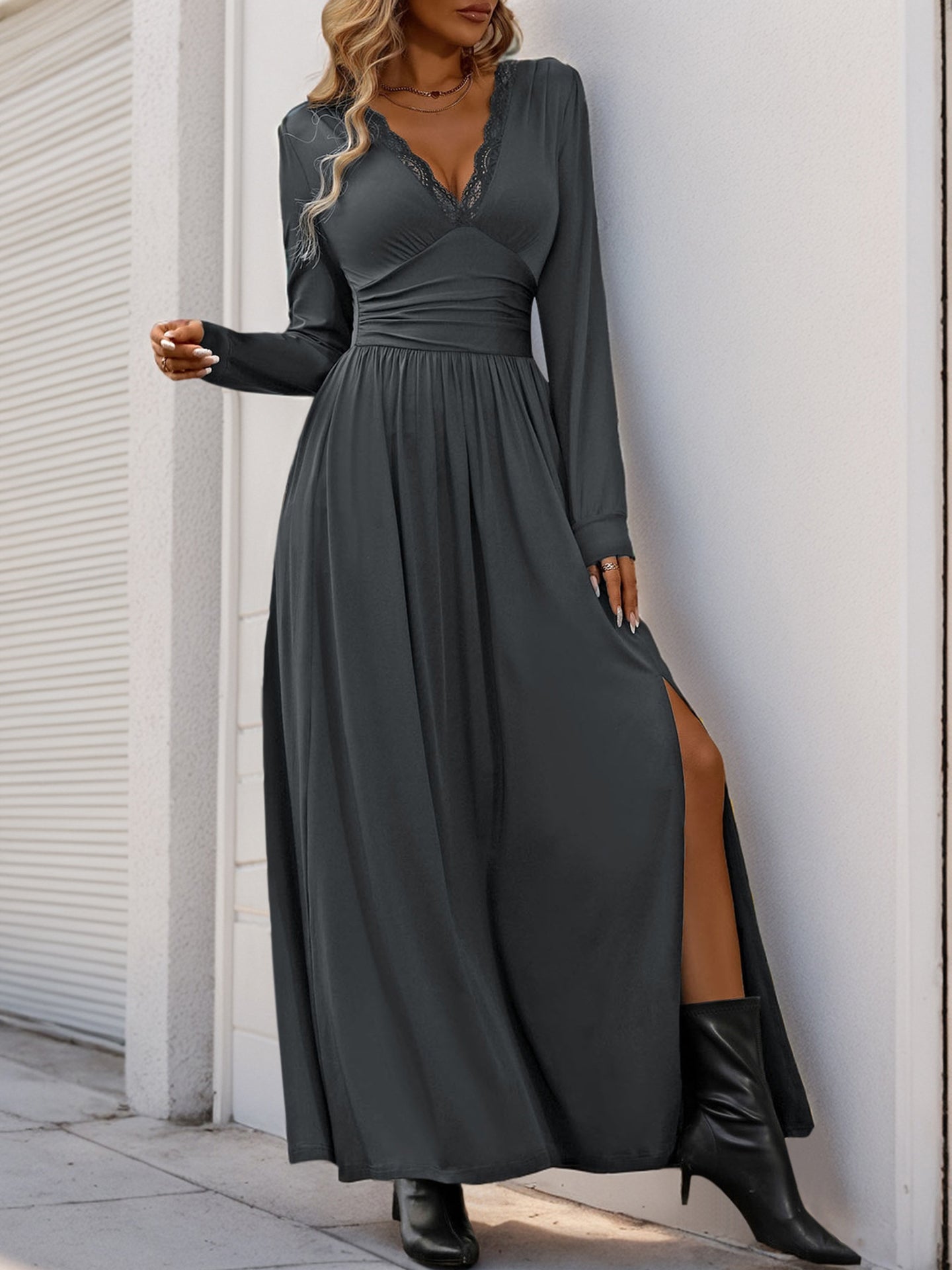 Women Solid V-Neck Maxi Dress