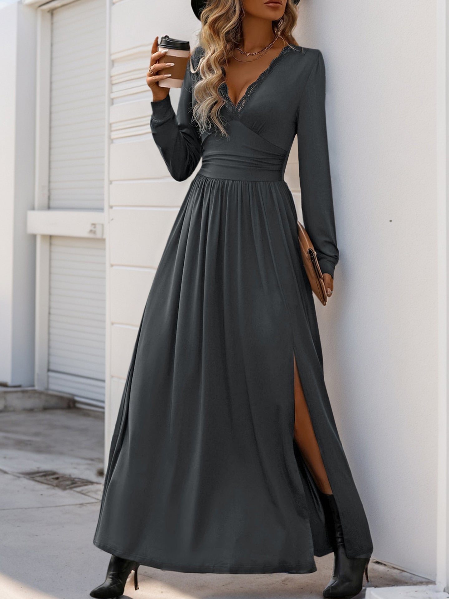 Women Solid V-Neck Maxi Dress