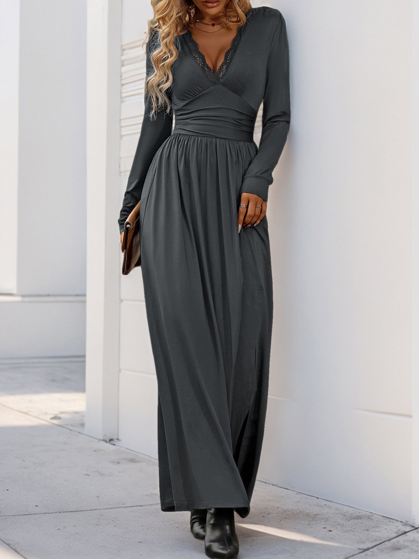 Women Solid V-Neck Maxi Dress