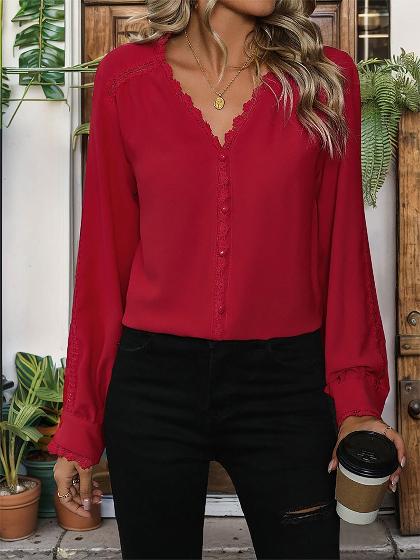 Women Solid V-Neck Top