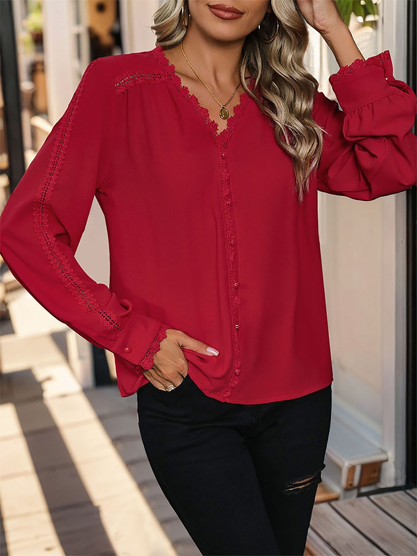 Women Solid V-Neck Top