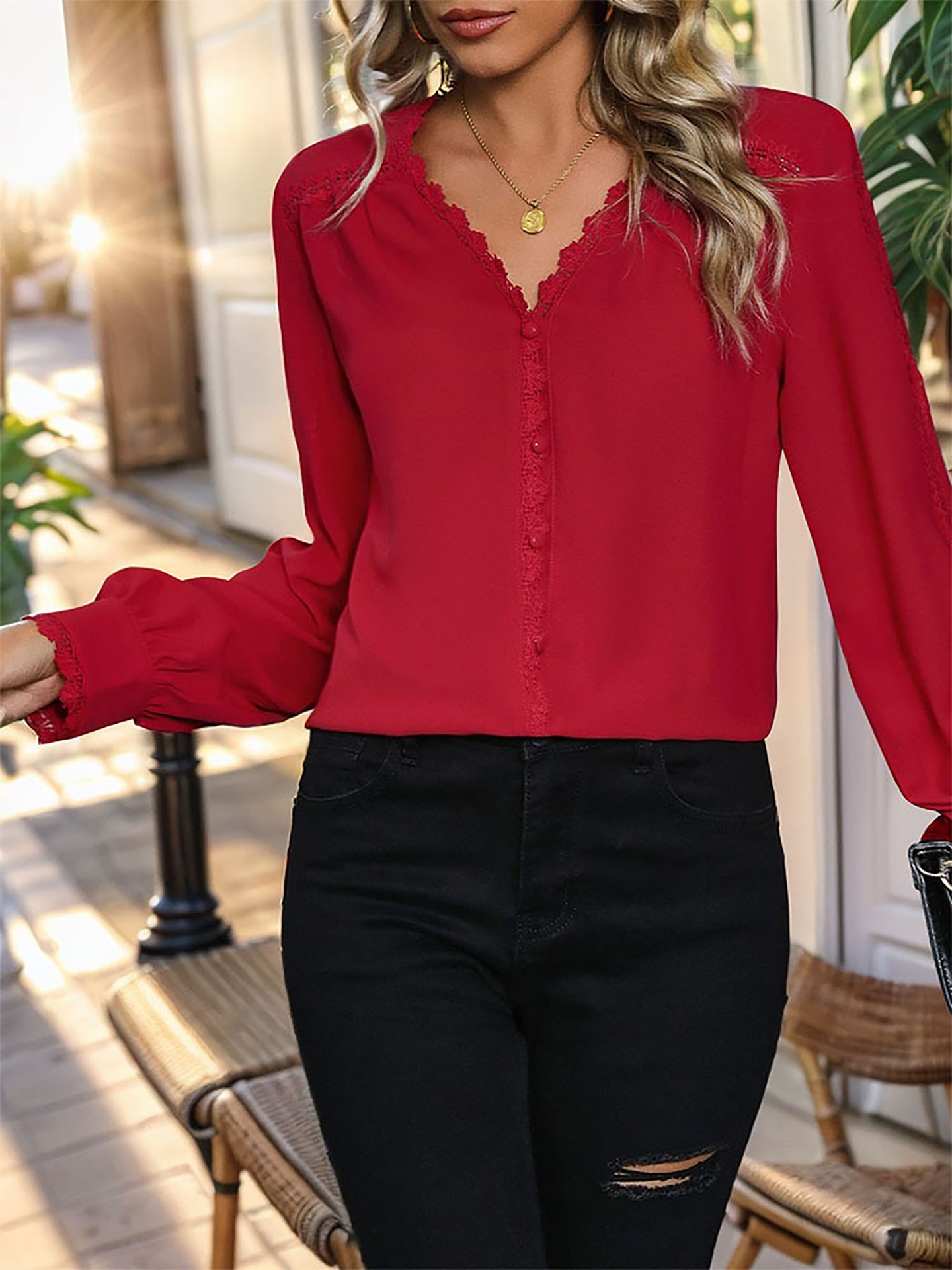 Women Solid V-Neck Top