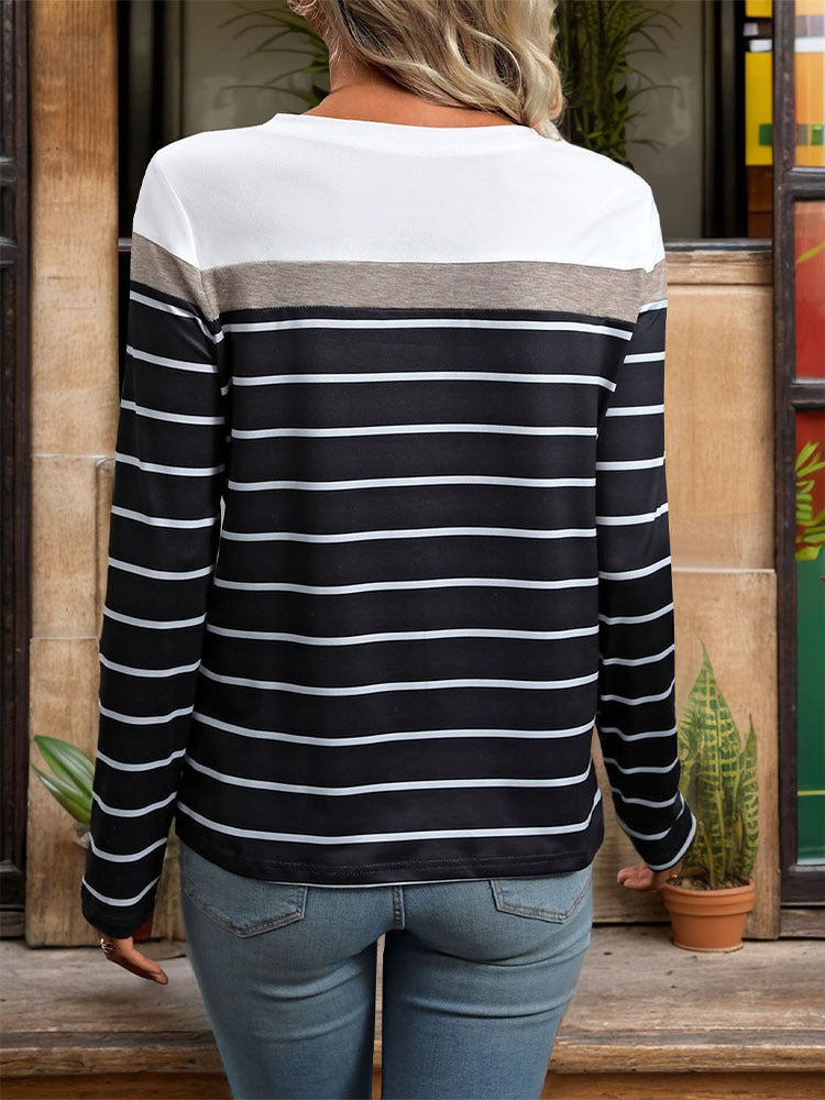 Women Horizontal Stripes Round Neck Top