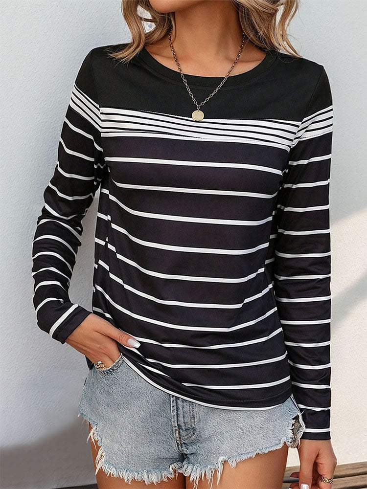 Women Horizontal Stripes Round Neck Top