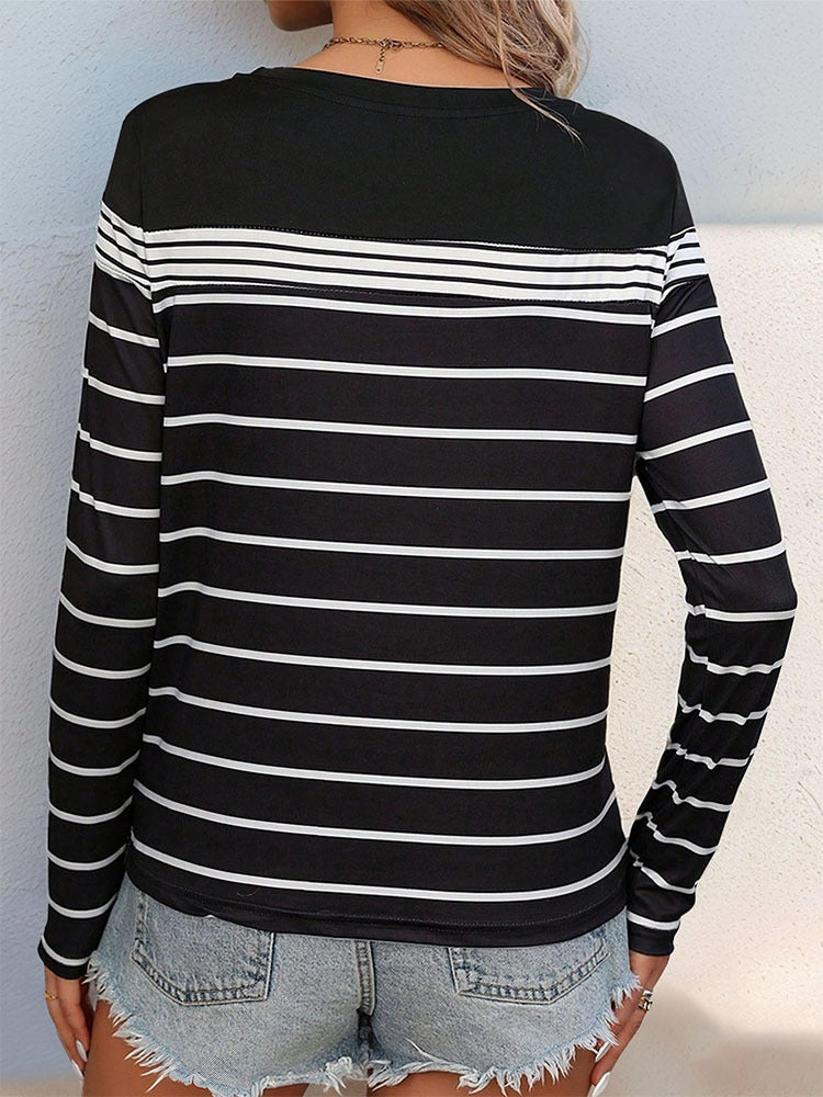 Women Horizontal Stripes Round Neck Top