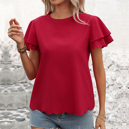 Round Neck Flutter Sleeve Opaque Casual Top