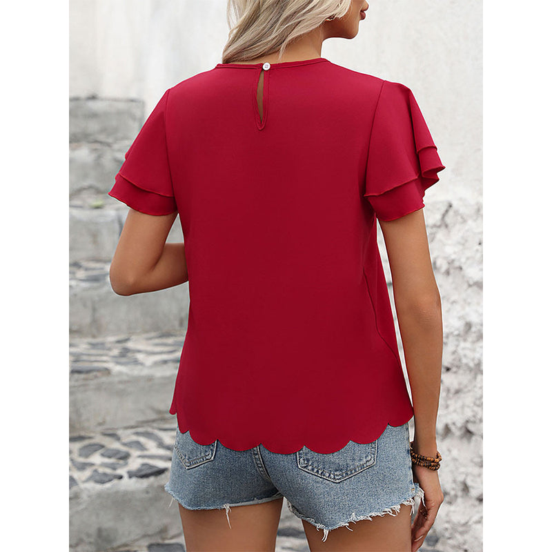 Round Neck Flutter Sleeve Opaque Casual Top