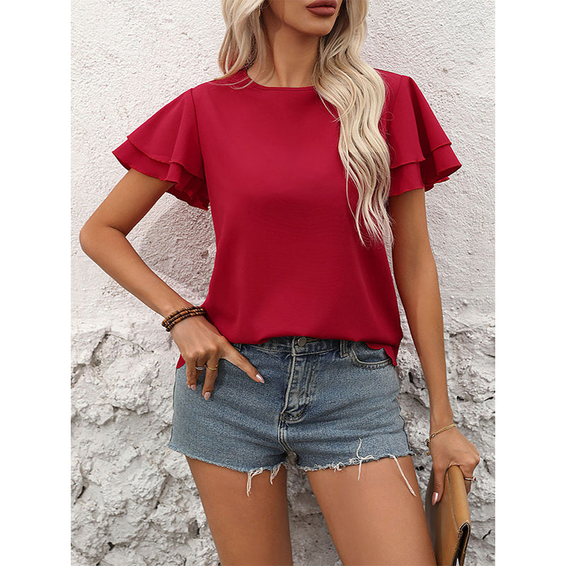 Round Neck Flutter Sleeve Opaque Casual Top