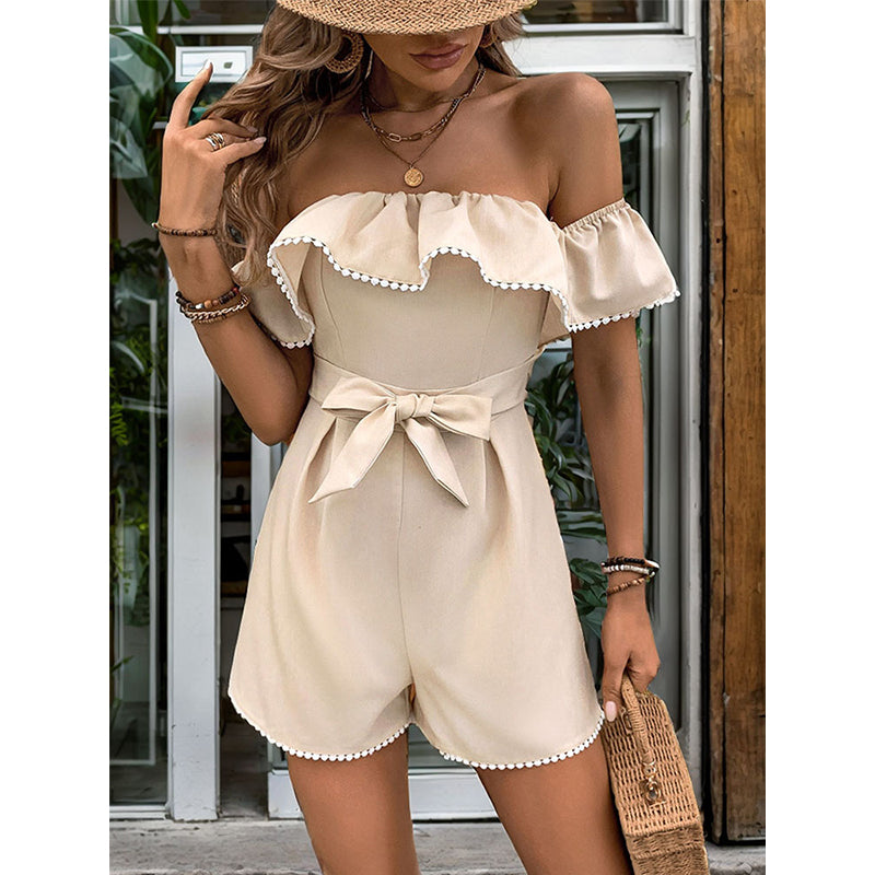 Khaki Off-Shoulder Waist Tie Up Playsuit