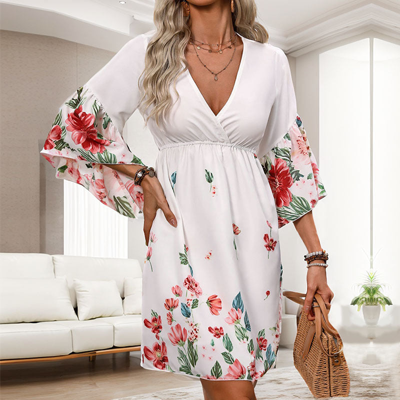 Floral Print Flared Sleeve A-Line Dress