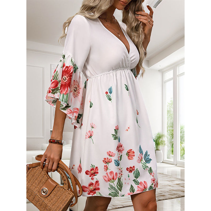 Floral Print Flared Sleeve A-Line Dress