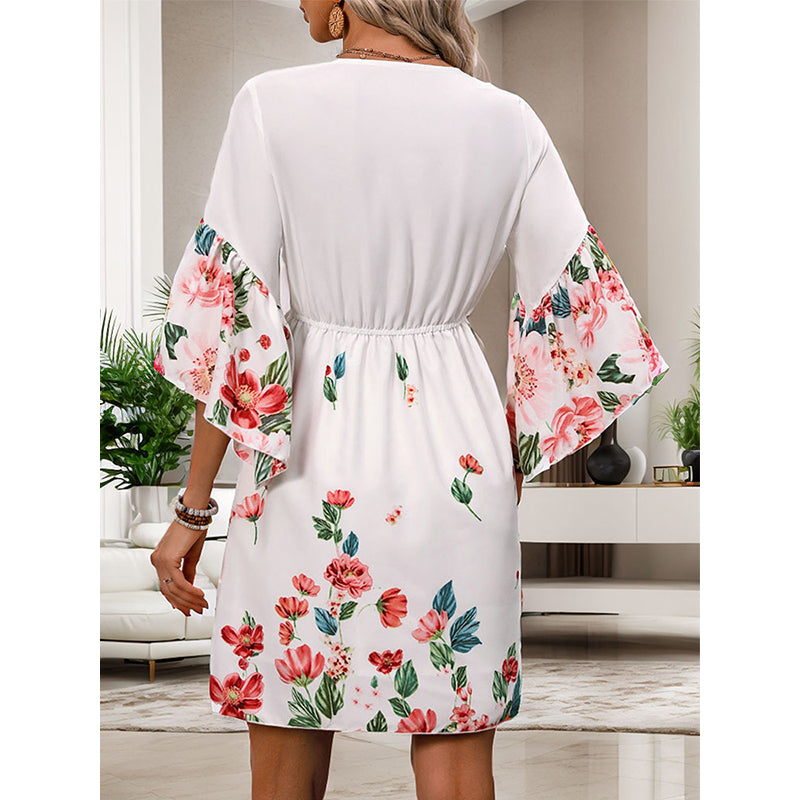 Floral Print Flared Sleeve A-Line Dress
