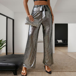 Women Grey High-Rise Sheen Parallel Trousers