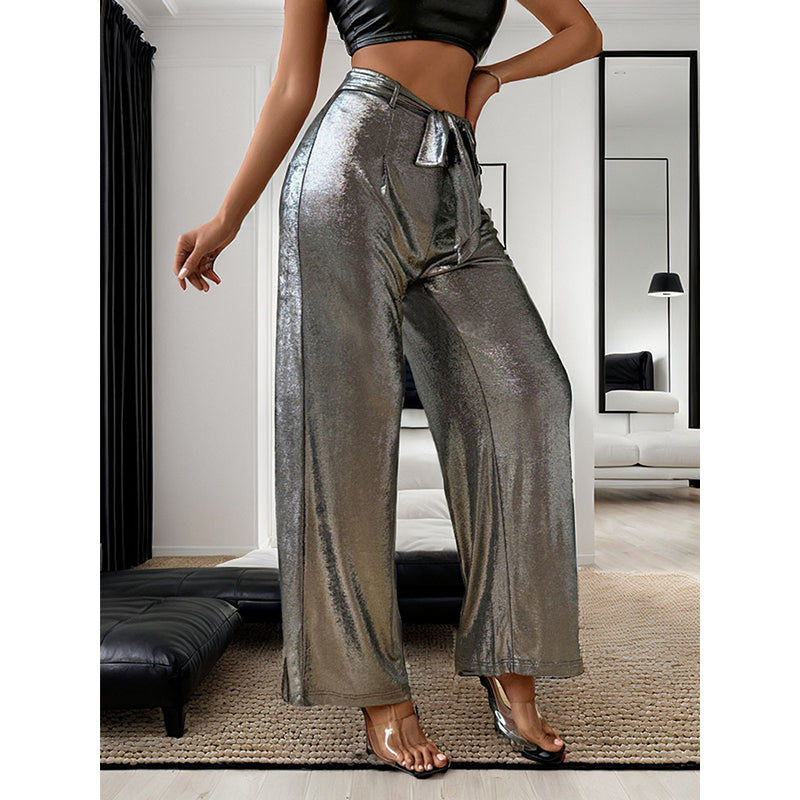Women Grey High-Rise Sheen Parallel Trousers